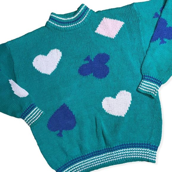 Vintage Sweaters - 1980s Vintage Kawaii Cotton Poker Card Sweater